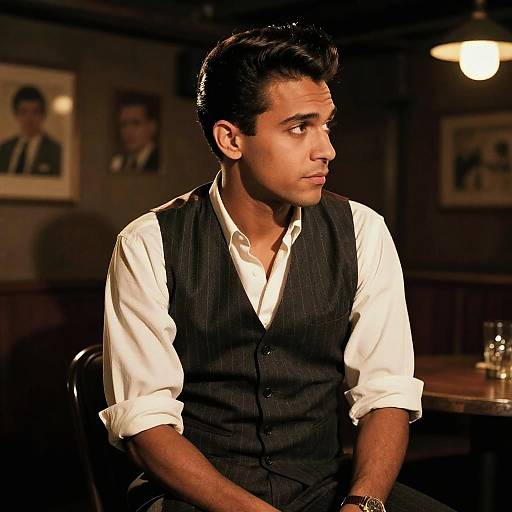 Photograph of a handsome man with dark hair, wearing a white shirt and black pinstripe vest, sitting in a dimly lit bar, looking