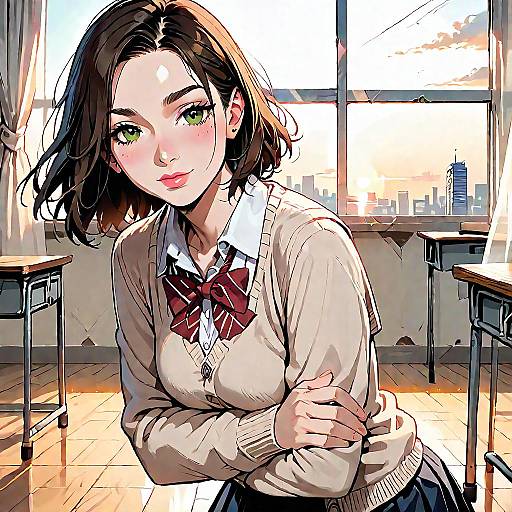 Schoolgirl in Abandoned Classroom at Sunset