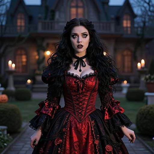 Photograph of a Gothic-style woman with long black curly hair, wearing a red and black lace corset dress, standing in front of a dark,