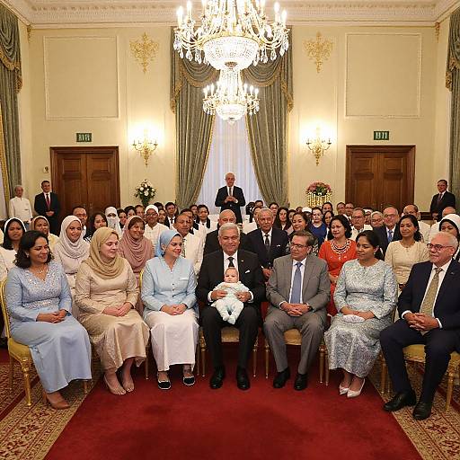 Photograph of a formal gathering in an opulent room with a grand chandelier, featuring diverse attendees in traditional and modern attire seated on ornate chairs