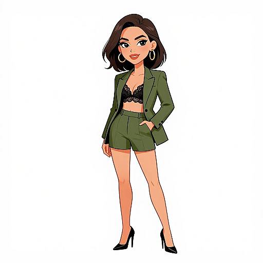 Digital illustration of a confident woman with medium skin tone, black bob hair, wearing a green blazer, black lace bra, high-waisted shorts
