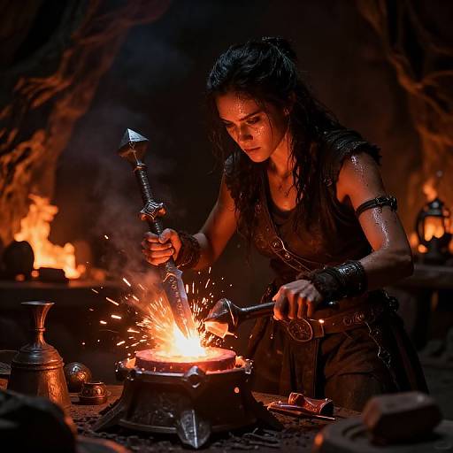 Photograph of a dark-haired, muscular woman in tribal attire, sparking a fire with a sword in a dimly lit, fiery forest setting.