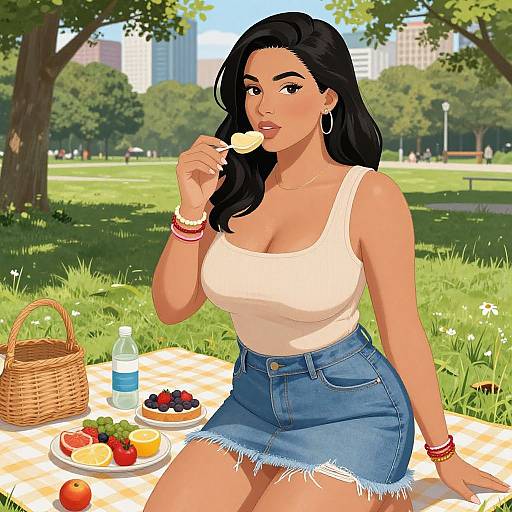 Digital illustration of a curvy woman with long black hair, white tank top, and denim skirt, eating a cookie at a picnic in a sunny park