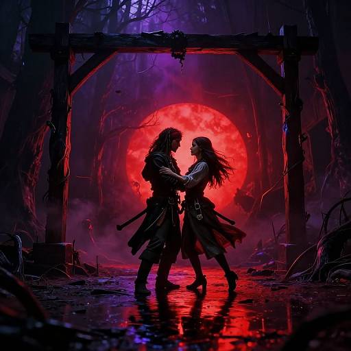 Digital art: Silhouetted warrior couple facing, hands touching, under a glowing red moon in a dark, misty forest framed by a wooden
