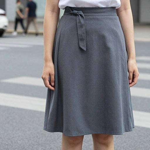 Photograph of a woman from the waist down, wearing a gray, knee-length skirt with a tied waistband, standing on a street with blurred pedestrians