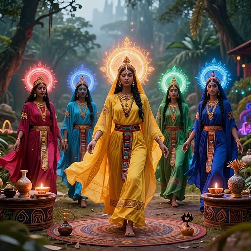 Photograph of five Indian women in colorful traditional sarees, glowing halos, and jewelry, walking in a mystical forest with candles.