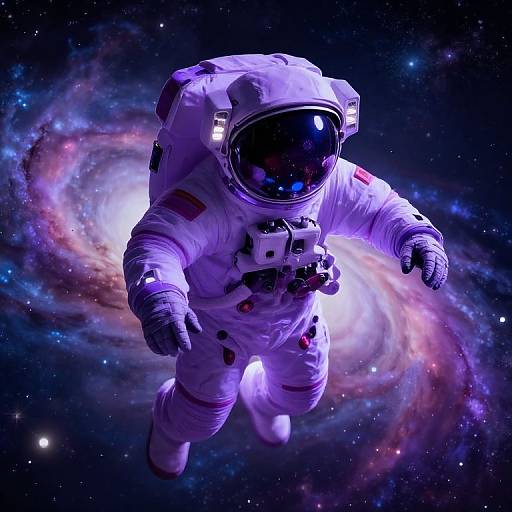 Photorealistic CGI of an astronaut floating in space, wearing a white spacesuit with a reflective helmet, surrounded by a vibrant, swirling galaxy.