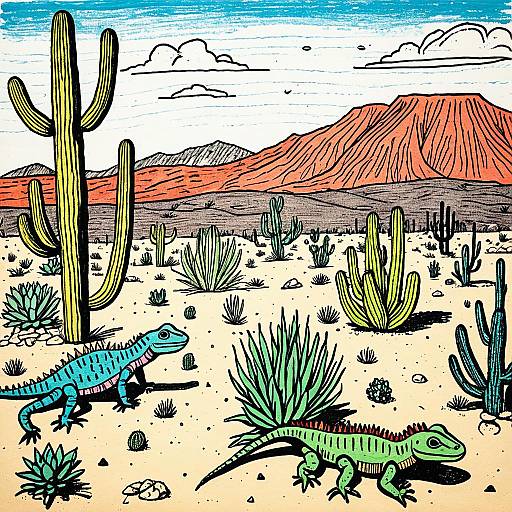 Kids' Crayon Drawing of Desert with Lizards and Cacti