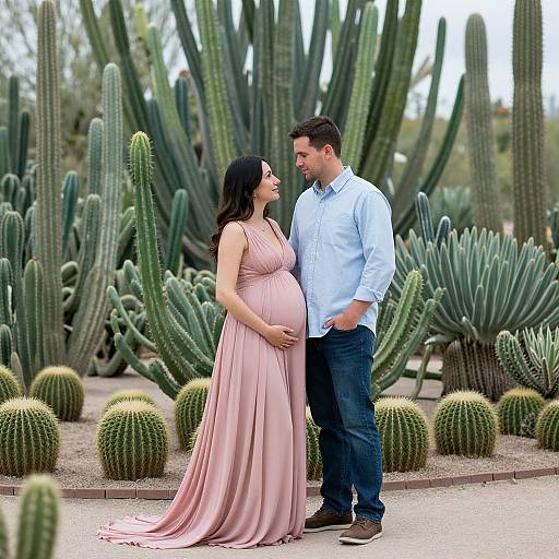 Pregnant woman in a pink dress and bearded man in a blue shirt stand lovingly in a cactus garden. Photographic image.