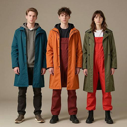 Photograph of three young adults standing side-by-side, wearing colorful long coats (blue, orange, green), over casual outfits, against a plain gray