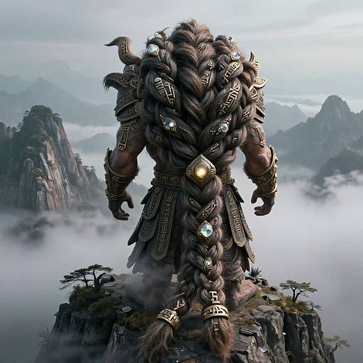 Digital fantasy artwork of a muscular, horned warrior with a massive braided beard, adorned in intricate metal armor, standing on a misty, mountain