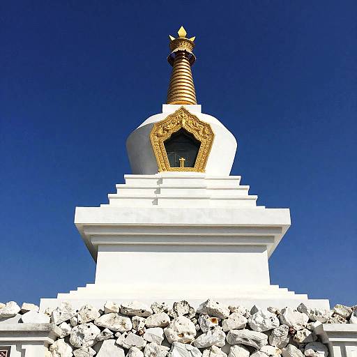Photograph of a white Buddhist stupa with a gold-tipped spire, ornate arch, and surrounded by white rocks, against a vivid blue
