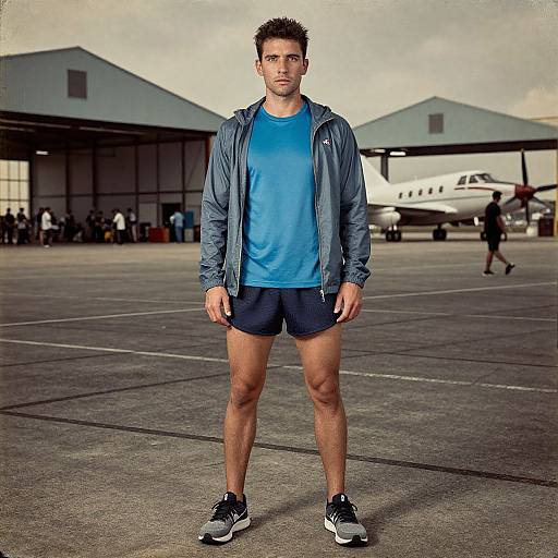 Athletic Man in Vintage Aviation Scene