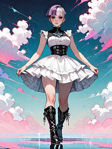 Dark Fantasy Girl in White Dress and Black Boots
