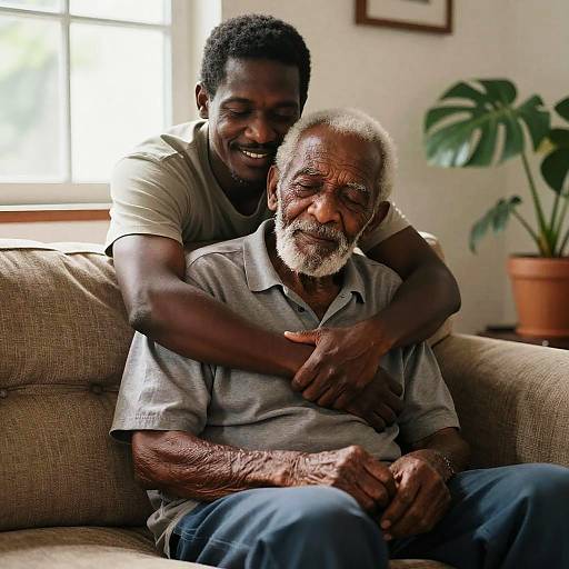 Young Man Hugging Elderly Man on Couch