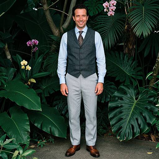 Photograph of a smiling man in white shirt, gray vest, light gray pants, brown shoes, standing in front of lush tropical plants with pink and
