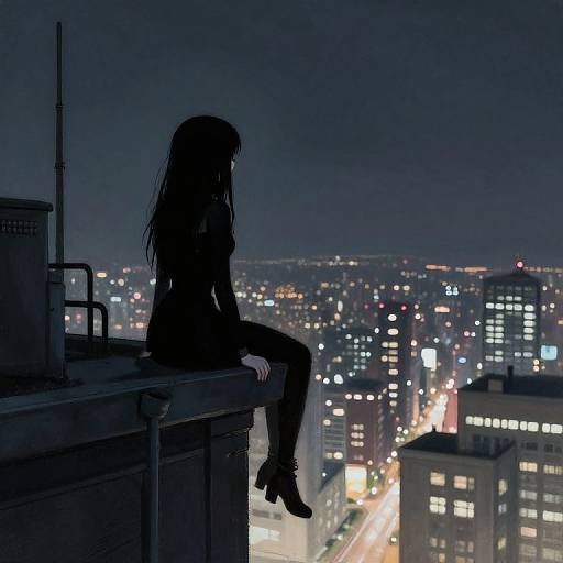 Silhouetted girl with long hair sits on rooftop at night, overlooking illuminated cityscape. Dark blue sky contrasts bright urban lights. Digital anime-style