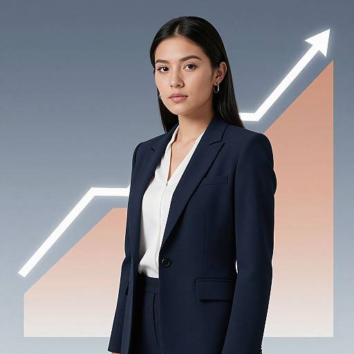 Photograph of an Asian woman with long black hair, wearing a black blazer over a white blouse, standing against a gradient blue-to-orange background with