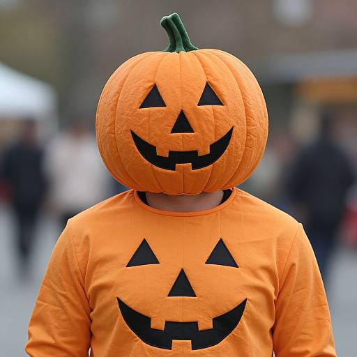 Photograph of a person wearing an orange pumpkin costume with a carved jack-o'-lantern face on the head and shirt, standing outdoors in a blurred