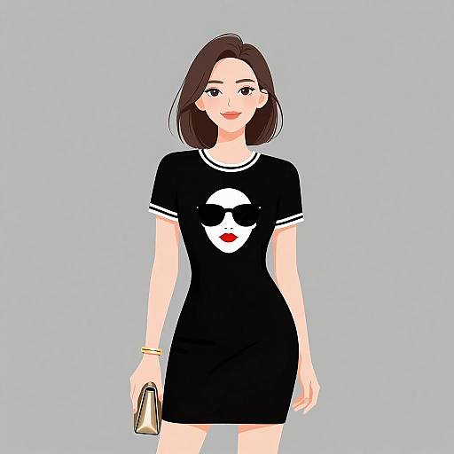 Digital illustration of a woman with short brown hair, wearing a black dress with a white mask and red lips design, holding a beige clutch, against a
