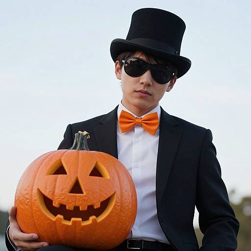 Photograph of a young man in black top hat, sunglasses, orange bowtie, black suit, holding a carved pumpkin with a jack-o'-lan