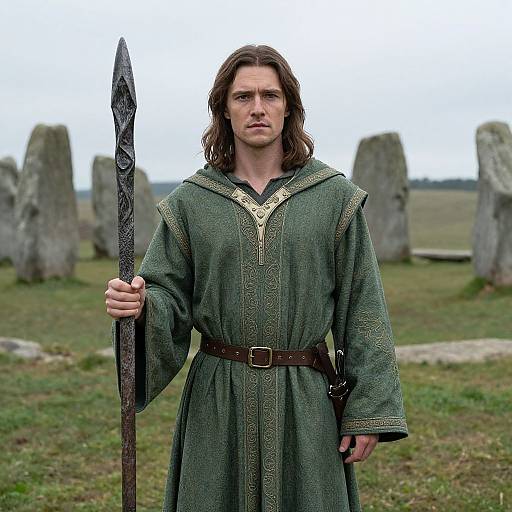Photograph of a serious, long-haired man in medieval green robe with intricate embroidery, holding a spear, standing in a stone-filled field.
