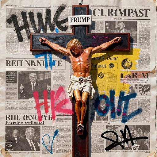Photograph of a crucified Jesus Christ statue on a newspaper background, with 