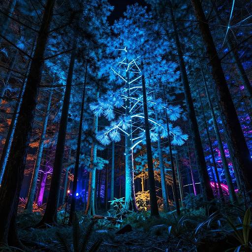 Photograph of a dark forest illuminated by vibrant blue, orange, and purple lights, highlighting tree branches and foliage in a surreal, neon-lit night