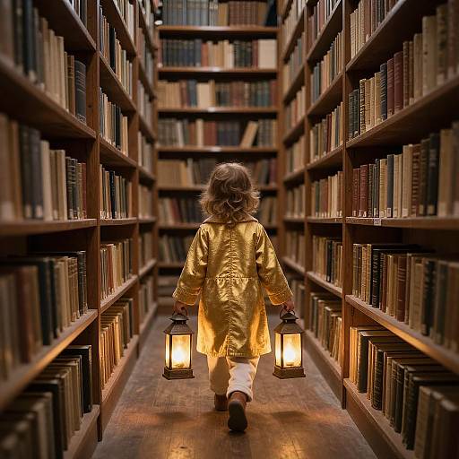 Child with Lanterns in Ancient Library