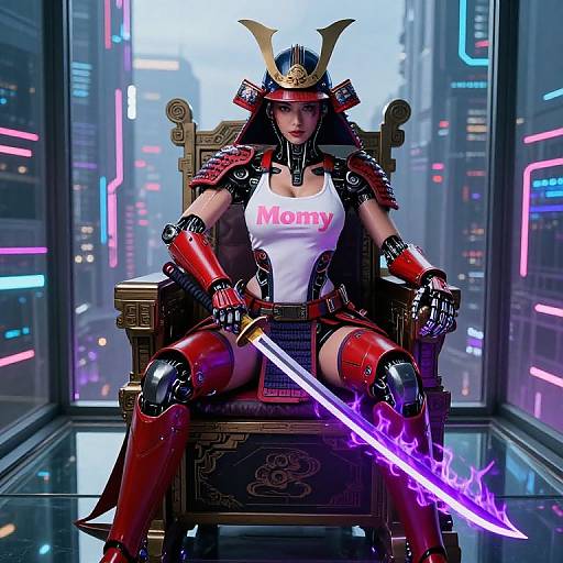 Digital art of a samurai woman in red armor, white 