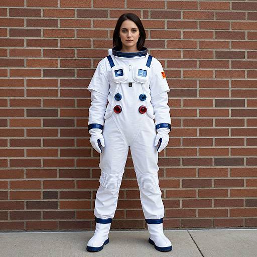 Photograph of a woman in a white astronaut suit with blue accents, standing against a red brick wall, wearing white gloves and boots.