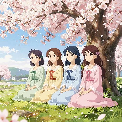Four anime girls in colorful kimonos sitting under a cherry blossom tree, surrounded by sunlight and pink petals. Digital art.