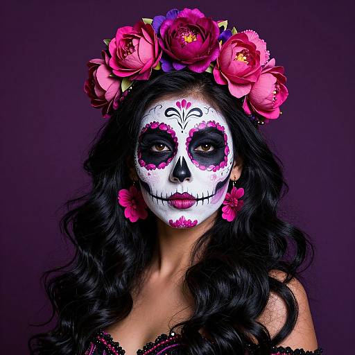 Photograph of a woman with black wavy hair, white face paint sugar skull, black eye sockets, pink flower crown, and purple background.