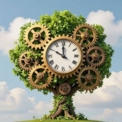 Whimsical clock tree: clockface with black Roman numerals, surrounded by golden gears, atop a lush green tree, set against a bright blue
