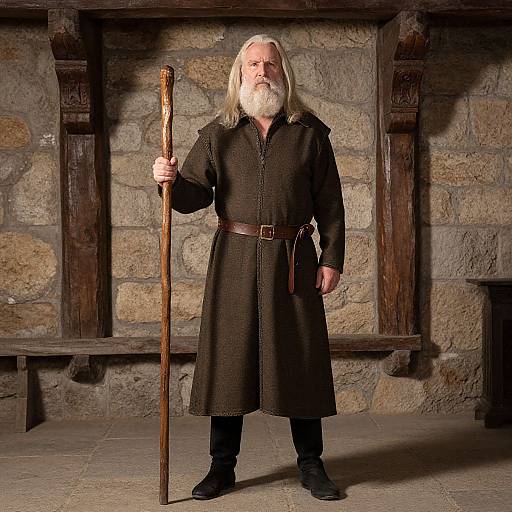 Photograph of an older white man with long gray hair and beard, wearing a dark brown medieval-style robe, holding a wooden staff, standing in a