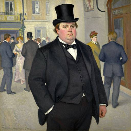 Impressionist painting of a stout man in a black top hat and formal suit, standing confidently in a bustling 19th-century street.