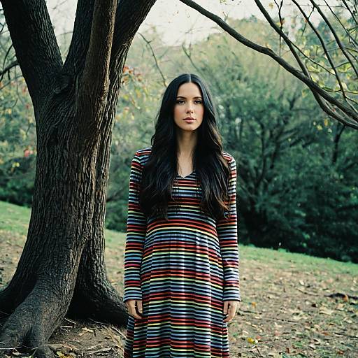 Woman in Multicolored Striped Dress Outdoors