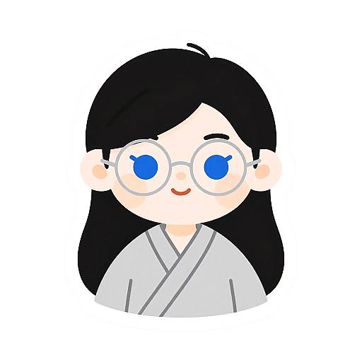 Cartoon drawing of a cute, fair-skinned girl with long black hair, large blue eyes, round glasses, and a white kimono.