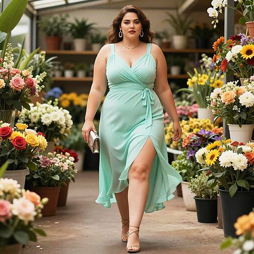 Photograph of a curvy, dark-haired woman in a light green, sleeveless dress with a high slit, walking through a vibrant flower shop with