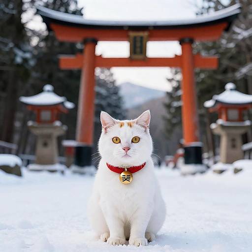 White Cat Sitting in Snow in Front of Torii Gate