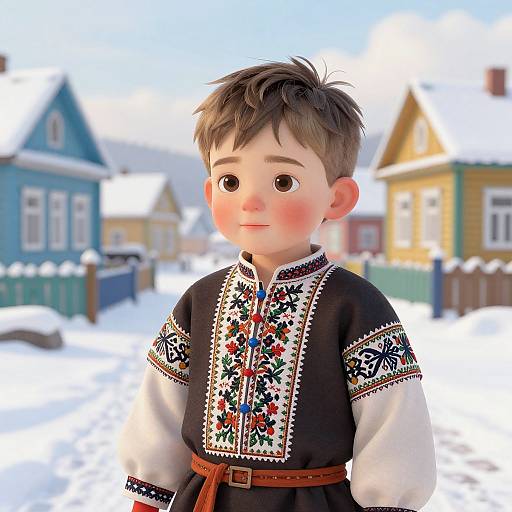 Digital illustration of a young boy with short brown hair, wearing a traditional black and white embroidered shirt, brown belt, standing in a snowy village with colorful