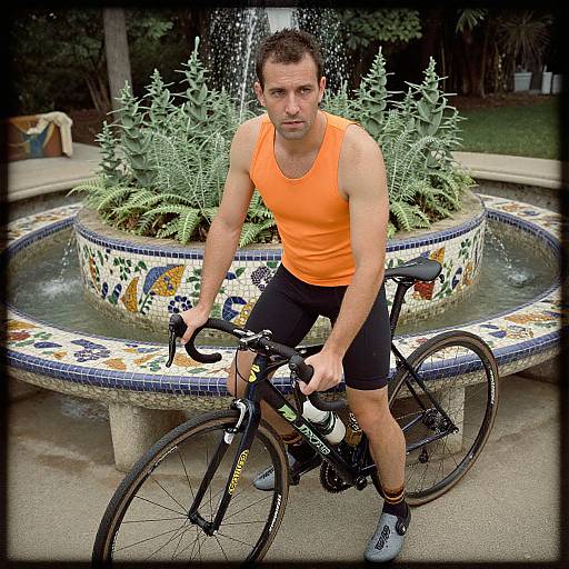 Photograph of a focused, muscular man in an orange tank top and black cycling shorts, riding a black road bike in front of a colorful mosaic fountain