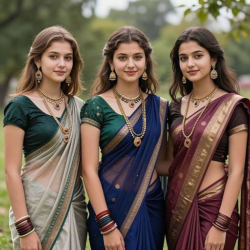 Photograph of three Indian women standing outdoors, wearing traditional sarees in green, blue, and maroon with gold borders, adorned with jewelry, bracelets