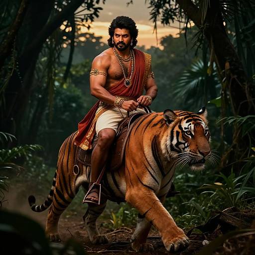 Photograph of a muscular, dark-haired Indian man with a beard, wearing a red dhoti and gold jewelry, riding a tiger through a dense