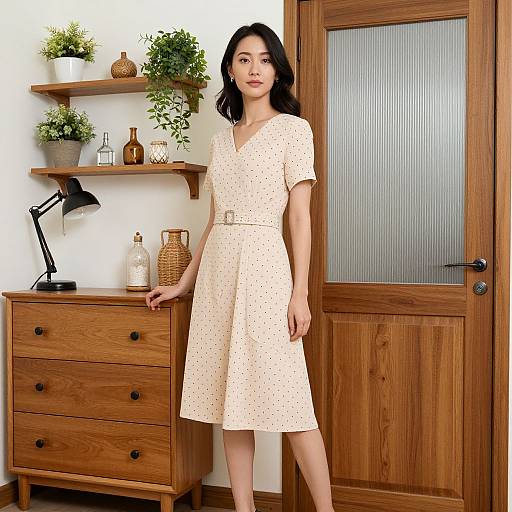 Photograph of an Asian woman in a cream polka dot dress, standing in a wooden-furnished room with shelves, lamp, and door.