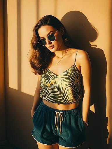 Woman in Tropical Print Camisole and Blue Shorts