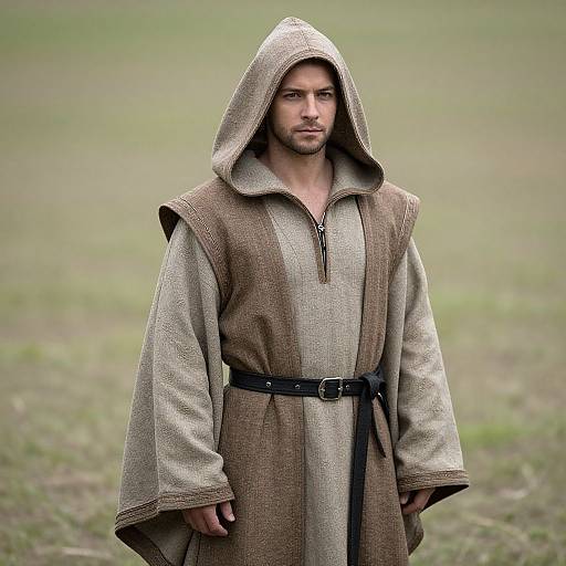Photograph of a handsome, serious-looking man with light skin and short brown hair, wearing a brown and beige medieval-style hooded robe with a black