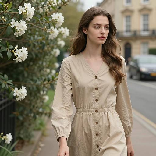 Young Woman in Beige Dress Outdoors