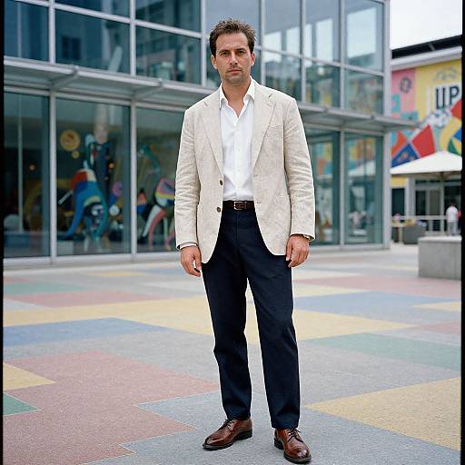 Photograph of a tall, handsome man with dark hair and beard, wearing a white blazer, white shirt, black pants, and brown shoes,