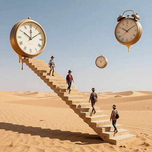 Photograph of four men climbing a giant clock staircase in a desert, with oversized clocks in the background under a clear blue sky.